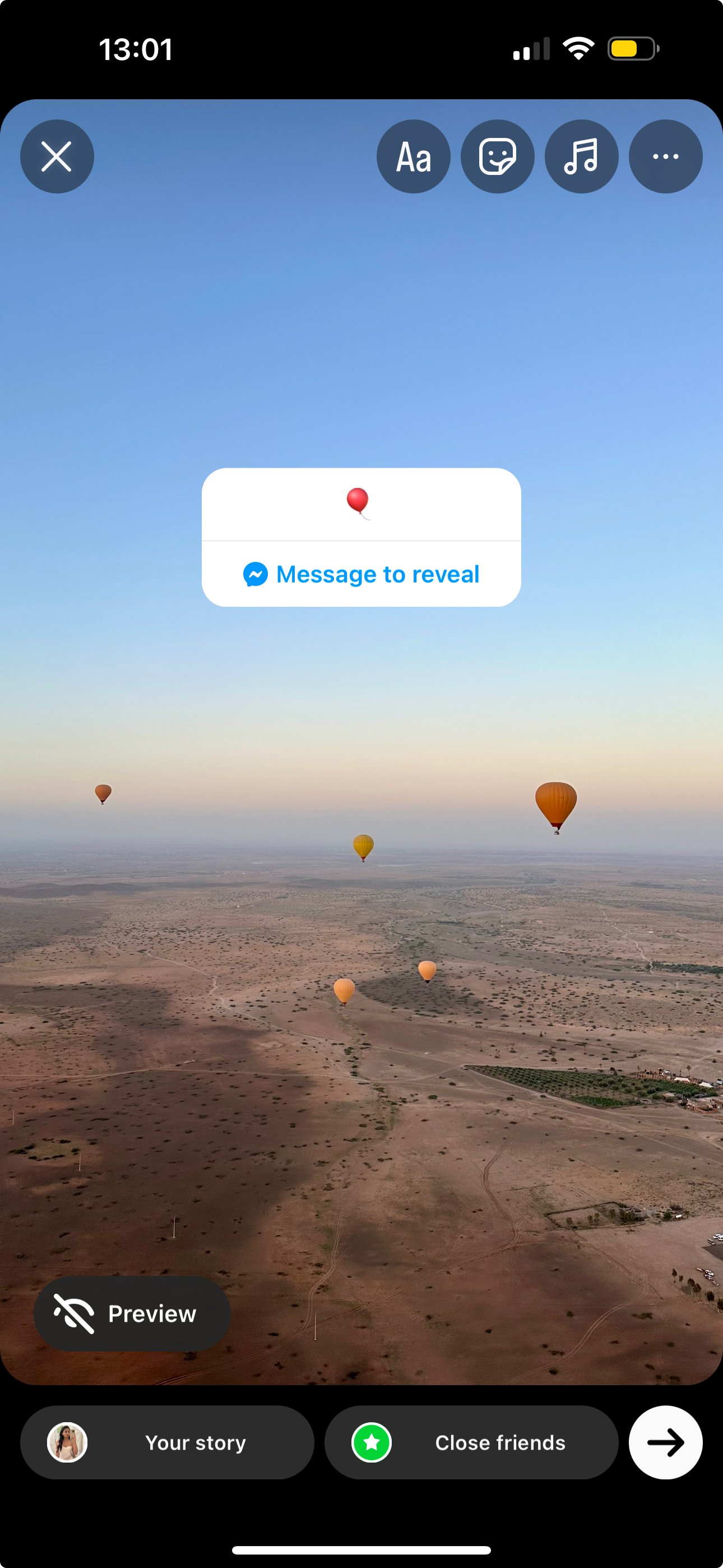 A picture of hot air balloons on Instagram Stories.